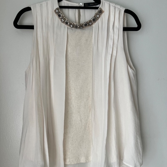 Zara Basic Cream Jeweled Collar Sleeveless Top Large - Picture 4 of 9